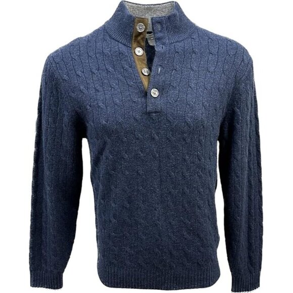 Daniel Cremieux Mens XL Blue Cable Knit 4-Button Mockneck 100% Cashmere Sweater - Picture 1 of 4